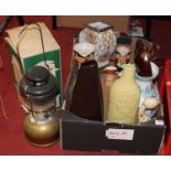 A box of miscellaneous items, to include modern vase, Toby jugs, boxed kerosene lamp etc