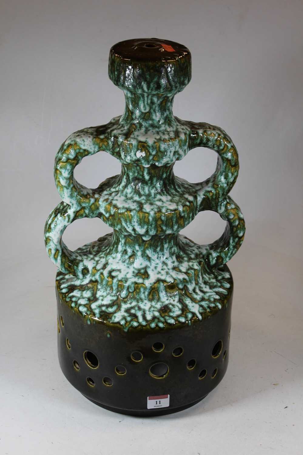 A 1970s West German green glazed pottery lamp base, having four loop handles to a pierced circular - Image 4 of 8