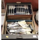 A box of assorted silver plated wares, to include loose flatware, fish knives and forks etc