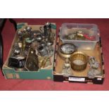 Two boxes of miscellaneous metalware, to include a reproduction brass figure of Buddha in typical