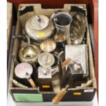 A box of miscellaneous metalware to include a pair of Art Deco silver plated chocolate pots, shell