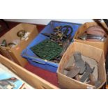 Four boxes of miscellaneous items, to include Art Deco ceiling light pendant, cobbler's lasts,