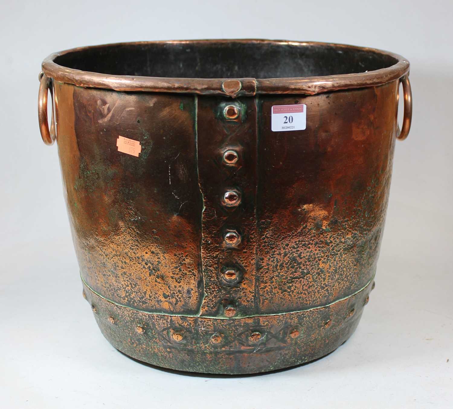 A 19th century copper log bin, of riveted construction, having ring handles, h.30cmCondition report: