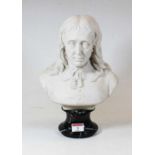 A Victorian style head and shoulders portrait bust of John Milton, on a marble socle base, h.