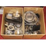 Two boxes of miscellaneous silver plated wares, to include entrée dishes, toast rack and teawares