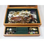 A burr wood jewellery box and contents to include ladies Gucci wrist watch, costume jewellery, etc