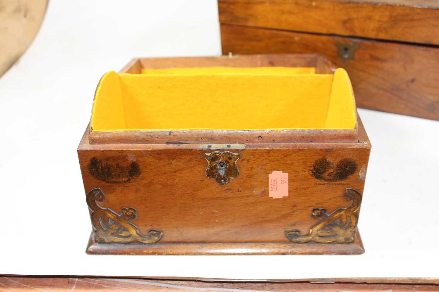 A Victorian walnut and brass mounted dome topped casket, having Mauchlin ware type decoration - Image 4 of 8