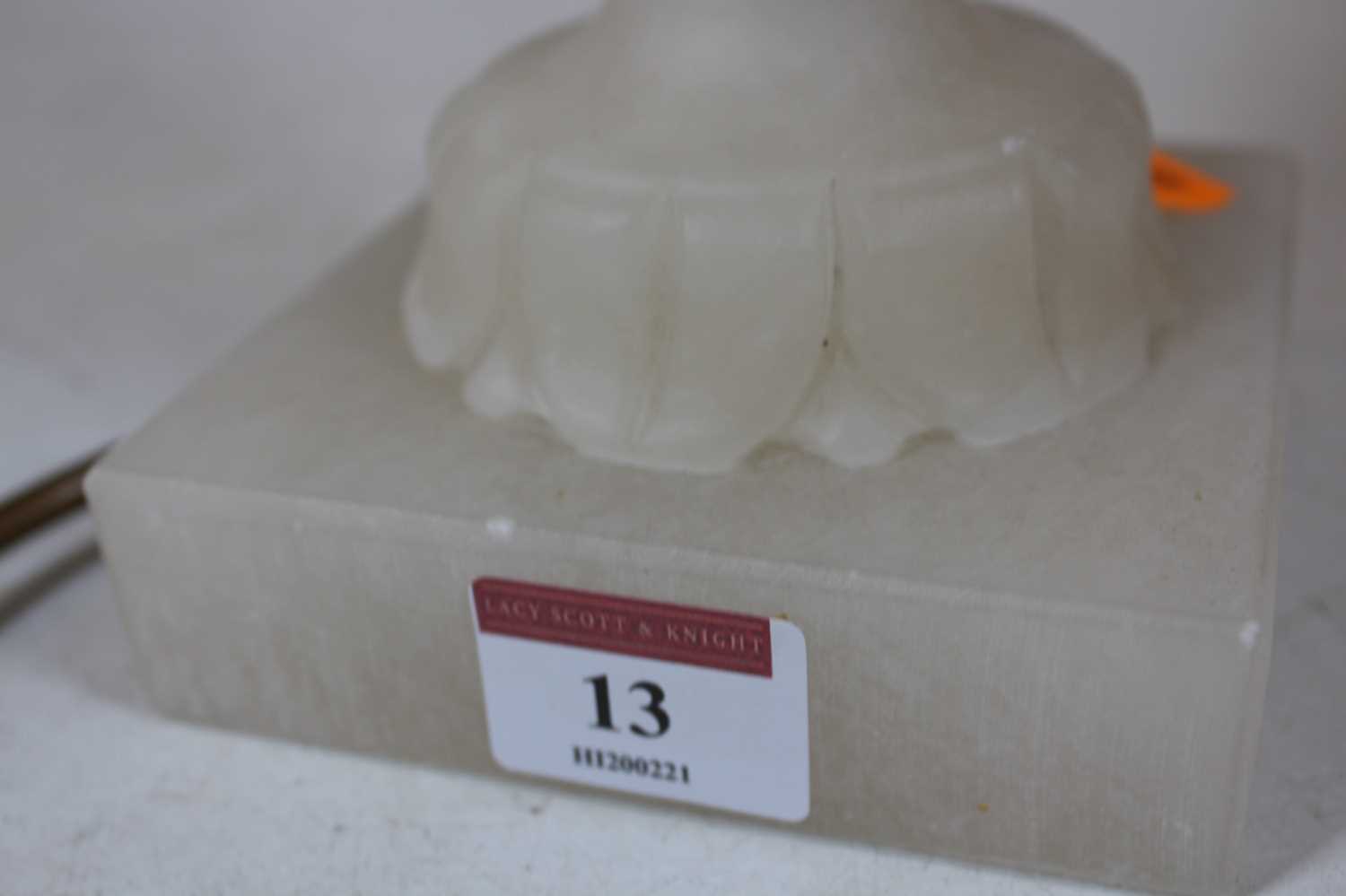 A carved alabaster table lamp, of fluted urn shape, on a square plinth, with shade, h.53cm - Image 5 of 5