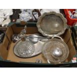 A box of miscellaneous items, to include a ships decanter with silver plated mount, silver plated