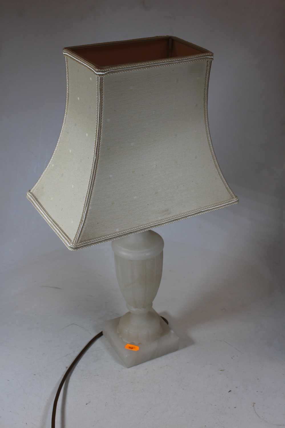 A carved alabaster table lamp, of fluted urn shape, on a square plinth, with shade, h.53cm - Image 4 of 5