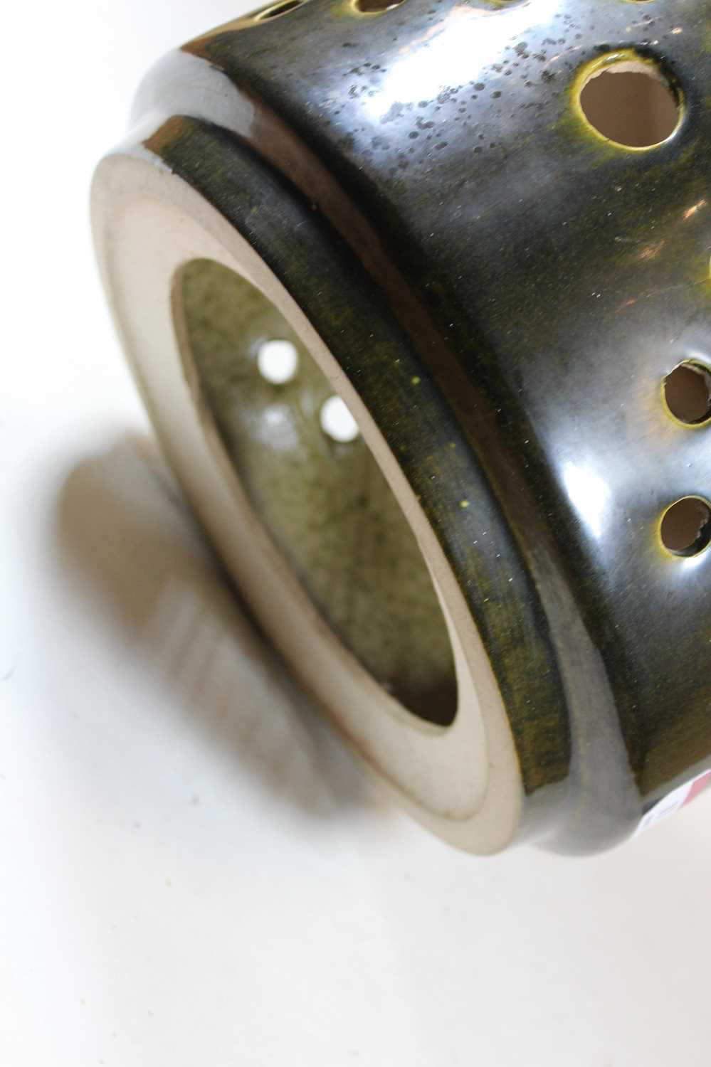 A 1970s West German green glazed pottery lamp base, having four loop handles to a pierced circular - Image 7 of 8