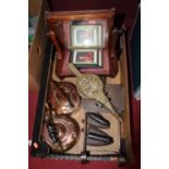 A box of miscellaneous items, to include a Victorian mahogany swing frame toiletry mirror, a