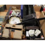 Two boxes of miscellaneous items, to include a 19th century twin division cutlery tray, Queen