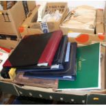 Three boxes of miscellaneous items, to include stamp binders, kiloware stamps, postcards, Cuneo