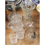 A small collection of miscellaneous glassware, to include cut glass ships decanter with porcelain