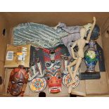 A box of miscellaneous items, to include Indonesian shadow puppet, modern carved softwood masks,