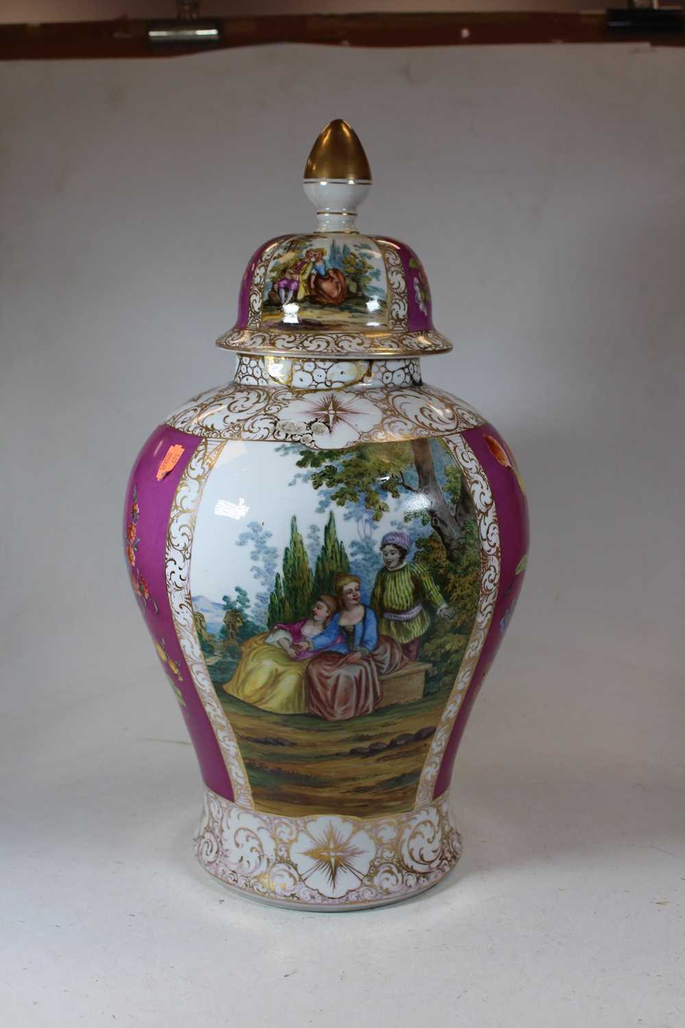 A large early 20th century German porcelain vase and cover, of baluster form, decorated with figures - Image 4 of 12