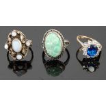 A 9ct gold, blue and white stone set cluster ring, size O; together with a silver and carved celadon