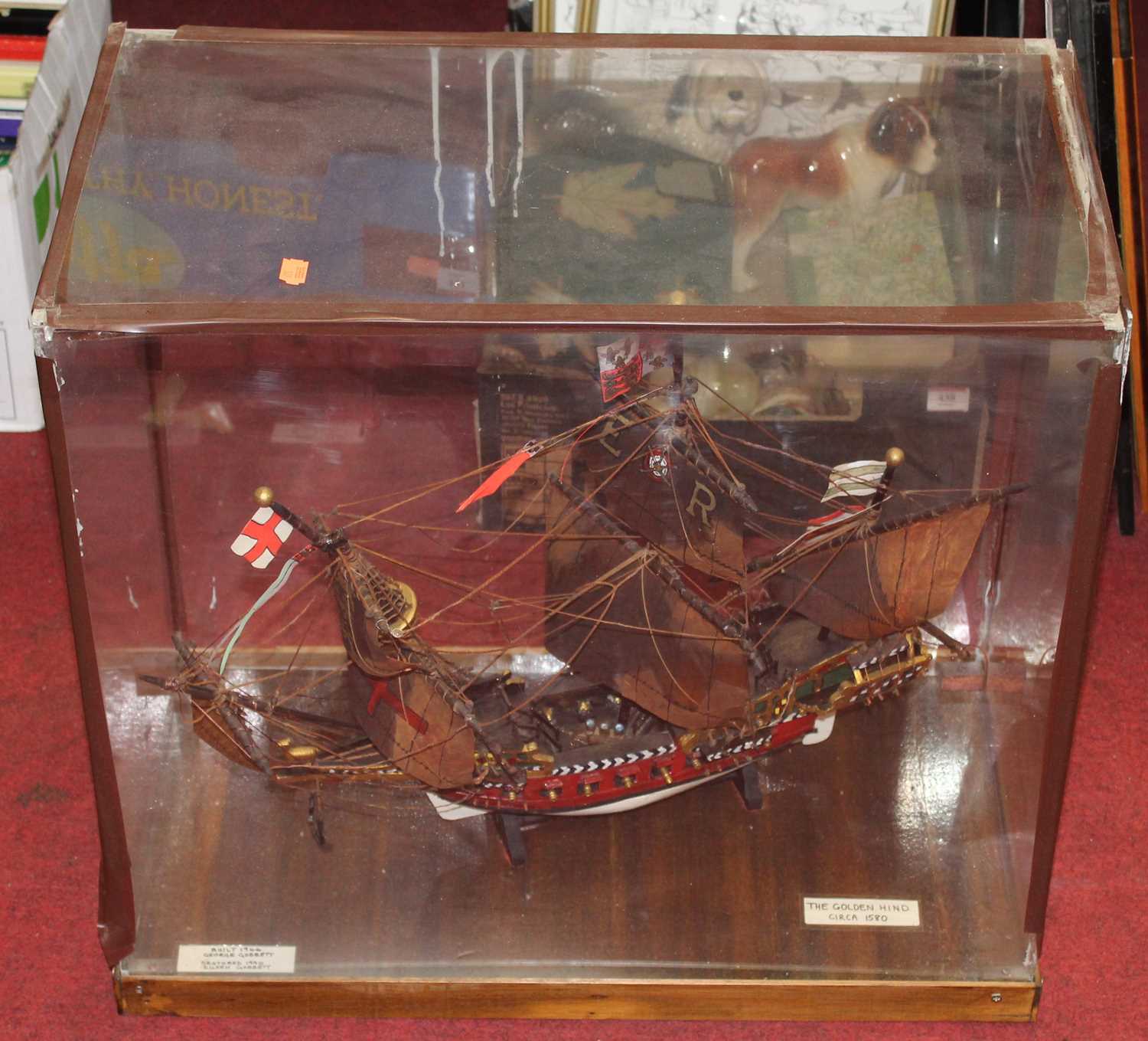A scratch built model of the Golden Hind within glazed display case
