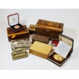 A collection of miscellaneous items to include musical jewellery boxes, brass stamp case,