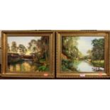 Contemporary school - Pair; River landscapes, oil on board, each indistinctly signed lower right, 24