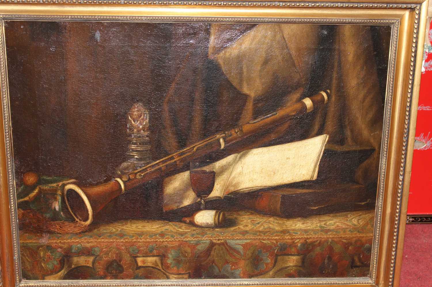 19th century English school - still life with clarinet and glass of wine, oil on canvas, 50x67cm ( - Image 2 of 6