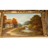 J Heathcote Hunt - river landscape with children fishing, oil on canvas, signed lower right,