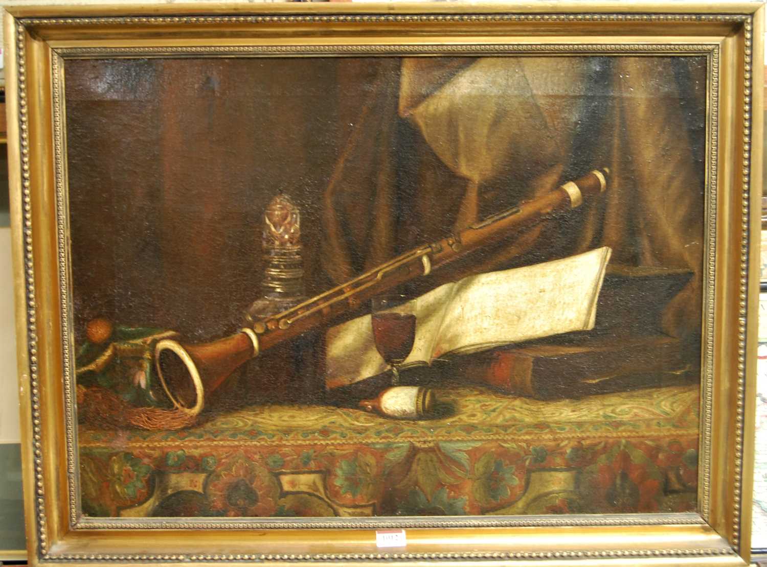 19th century English school - still life with clarinet and glass of wine, oil on canvas, 50x67cm (