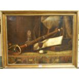19th century English school - still life with clarinet and glass of wine, oil on canvas, 50x67cm (