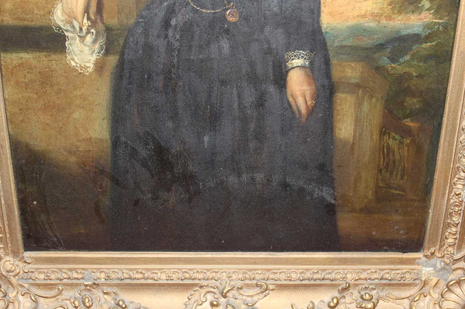 19th century school - full length portrait of a woman wearing a black dress, overpainted print, - Image 4 of 5