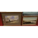 Thelma Masters - Norfolk estuary scene, oil, 25x40cm, and Ron Wragg - shepherds farm, watercolour (
