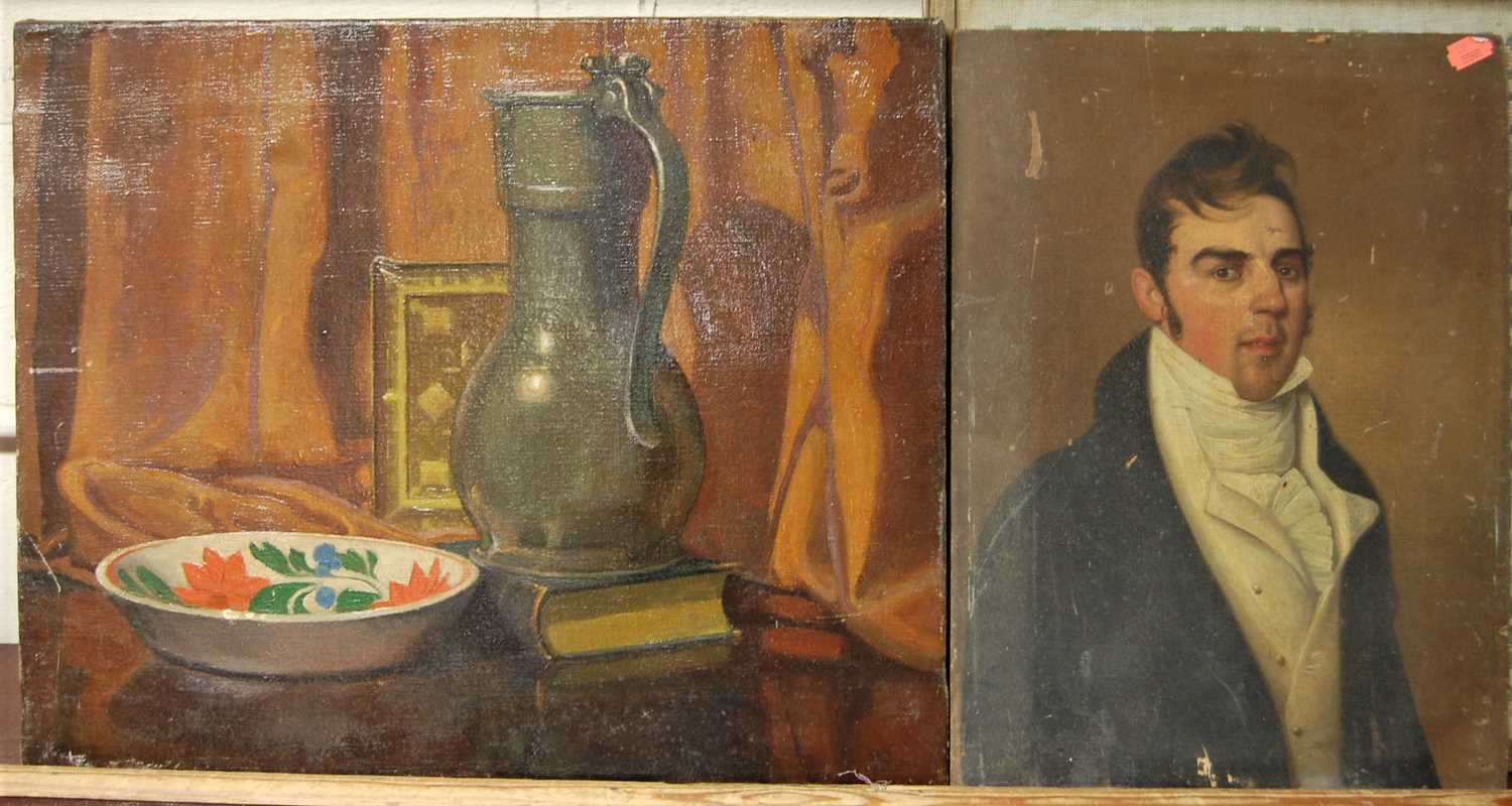 Mid 20th century school - still life with pewter jug, oil on canvas, 41x50cm, and late 19th
