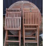 A contemporary stained and slatted teak garden folding table and four chairs by May Fair, table