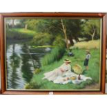 J Beers - Picnicking on the river bank, oil on canvas, signed lower right, 60x80cm