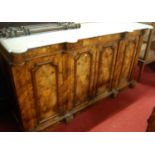 A mid-Victorian figured walnut and floral satinwood inlaid white variegated marble top four door