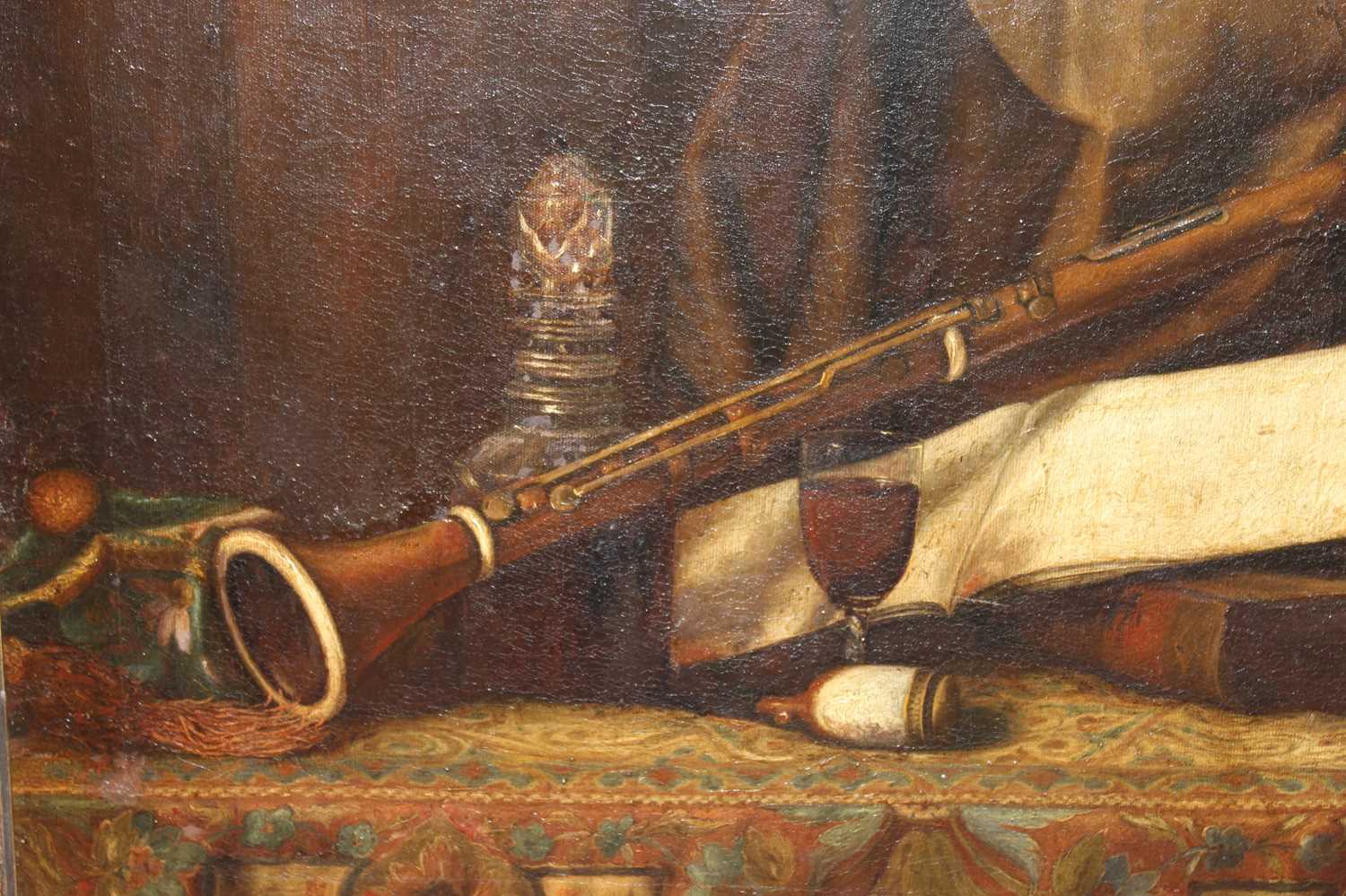 19th century English school - still life with clarinet and glass of wine, oil on canvas, 50x67cm ( - Image 3 of 6