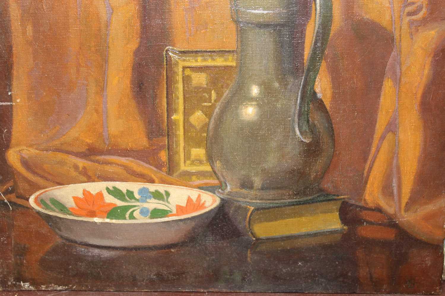 Mid 20th century school - still life with pewter jug, oil on canvas, 41x50cm, and late 19th - Image 5 of 8