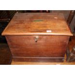 An early 20th century oak hinged table top documents box, the cover with engraved brass oval plaque,
