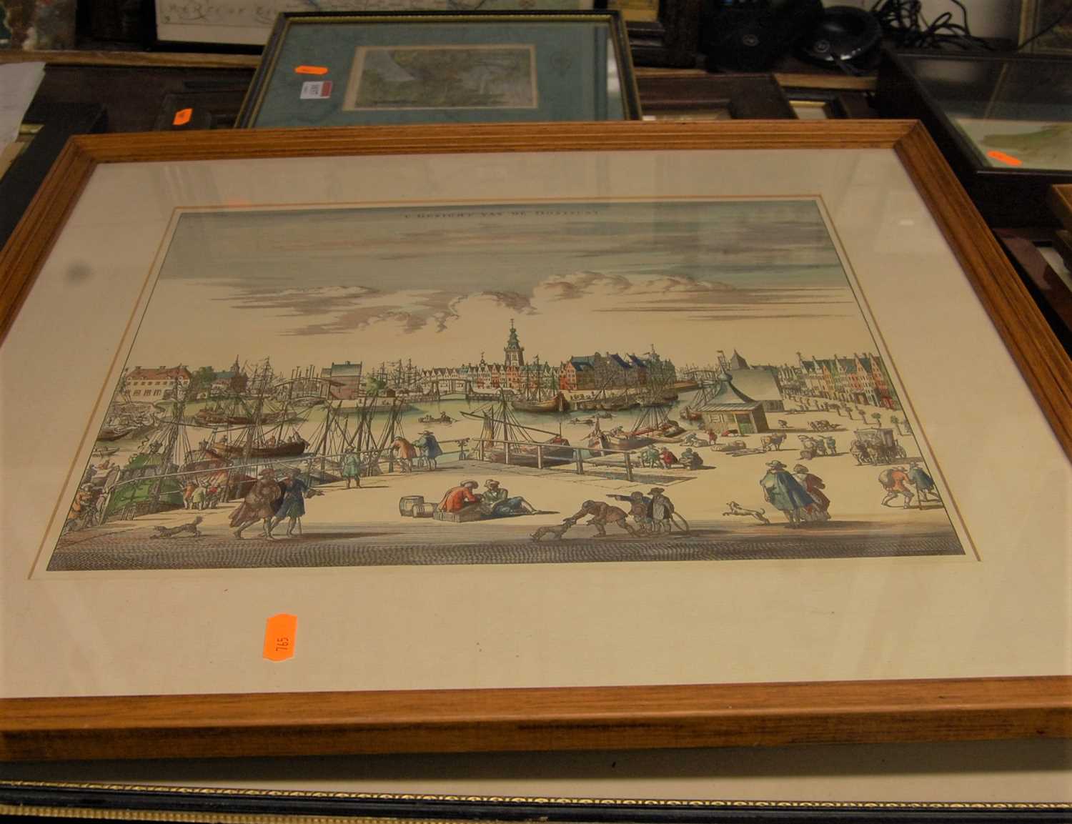 A maritime print; Dutch harbour scene reproduction colour print; and two others (4)