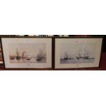 A pair of reproduction prints of the English and French fleets in the Baltic 1854, each 32 x 52cm