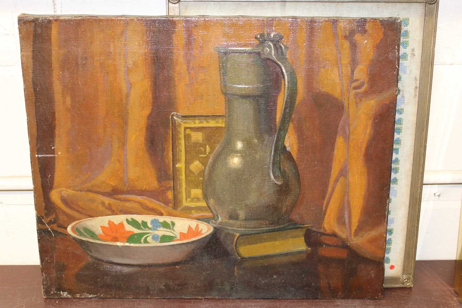 Mid 20th century school - still life with pewter jug, oil on canvas, 41x50cm, and late 19th - Image 4 of 8