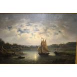 Late 19th century Dutch school - river landscape scene with sailing barges at sunset, oil on canvas,