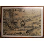 Chinese school - river landscape with carp and ducks, watercolour, signed and with studio seals