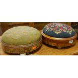 A near pair of late Victorian walnut and inlaid circular low foot stools, each with floral