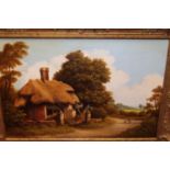 J Heathcote Hunt - cottage landscape with thatcher at work, oil 50x75cm