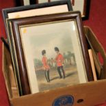 A box of assorted pictures and prints, to include monochrome steel engravings