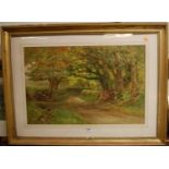 Cyril Ward - Shepherd resting on a wooded lane, watercolour, signed lower left, 50x75cm