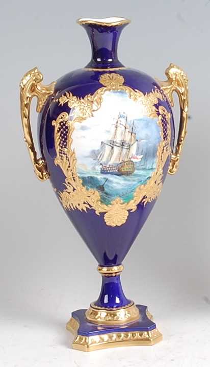 A Lynton Porcelain Co pedestal twin handled vase, of slender baluster form, polychrome enamel