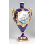 A Lynton Porcelain Co pedestal twin handled vase, of slender baluster form, polychrome enamel