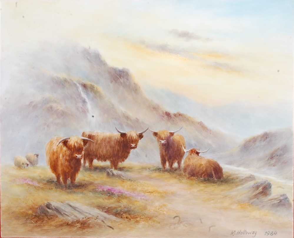 Milwyn Holloway - Highland cattle in a misty landscape, polychrome enamel porcelain plaque, signed